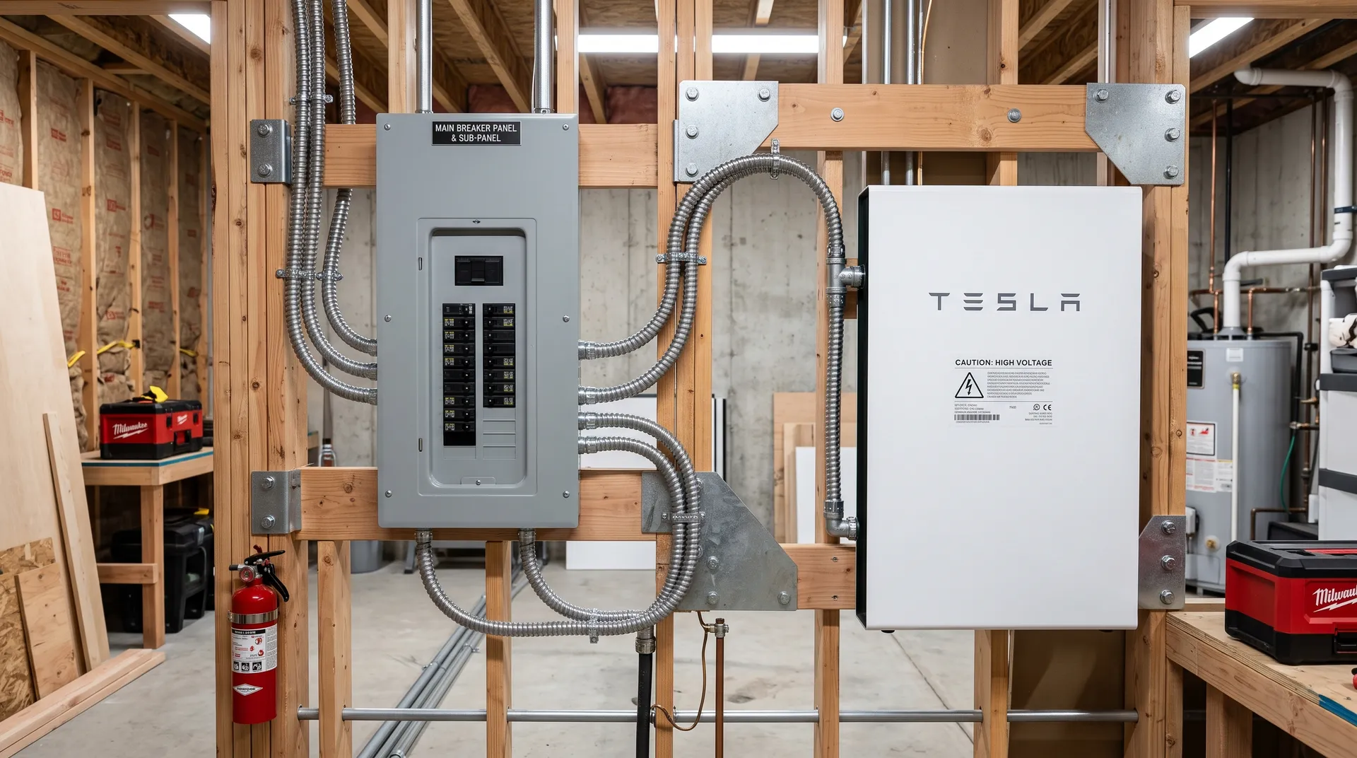 Electrical panel and Tesla Powerwall on wooden studs in unfinished Vancouver, WA room, with conduit, wiring, and extinguisher.