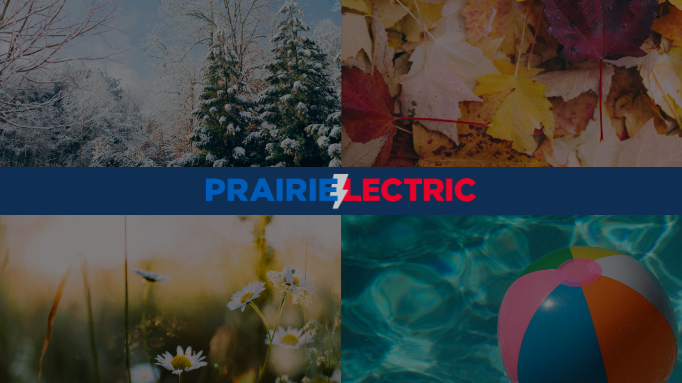 Four seasonal images: snowy trees, autumn leaves, daisies in sunlight, and a beach ball in water, with "Prairie Electric" text overlay.