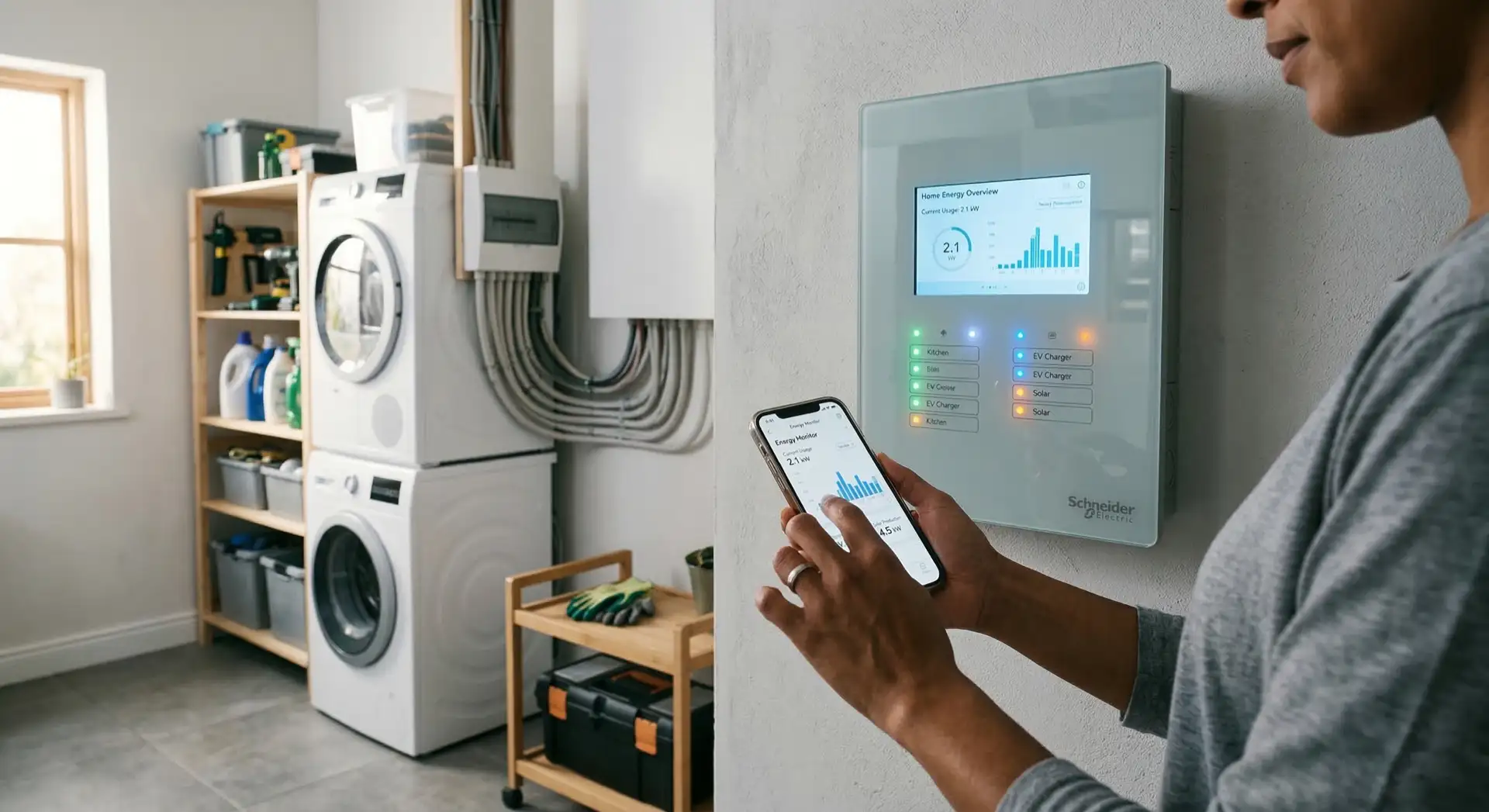In Vancouver, WA, a person uses a smartphone app to monitor a smart electrical panel near stacked laundry machines and shelves.