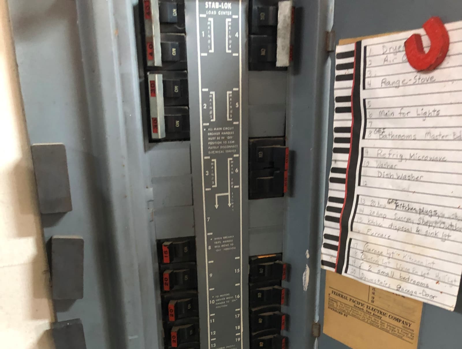 A circuit breaker panel with labeled switches on the left and a handwritten list of related appliances on the right, expertly mapped out by an electrician in Vancouver, WA.