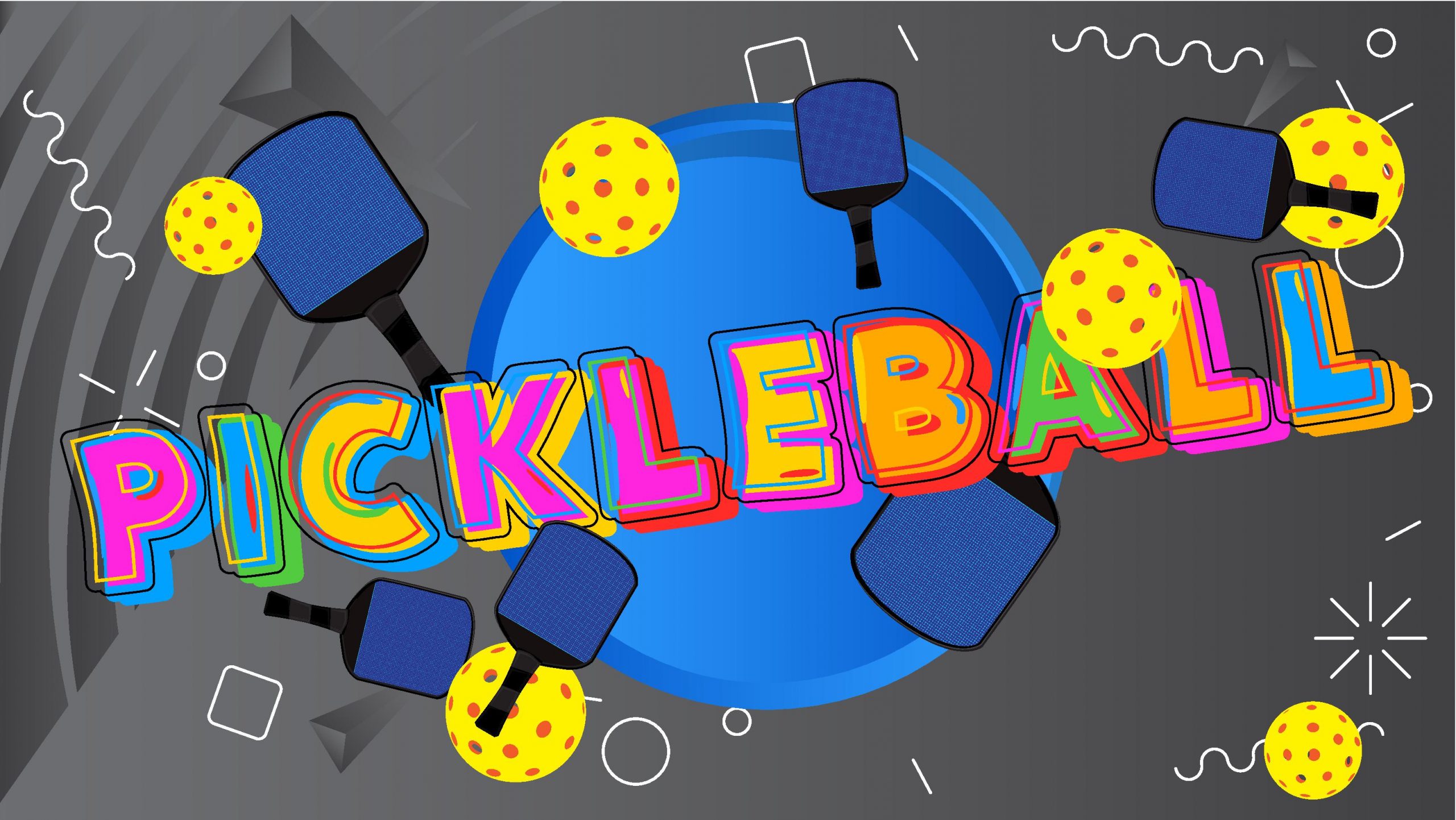 Colorful "Pickleball" text surrounded by paddles and yellow perforated balls on a dark, electrifyingly decorated background.